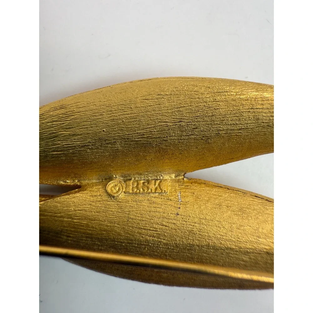 Vintage BSK Gold Tone Leaf‎ Brooch – Brushed Textured Modernist Floral Pin